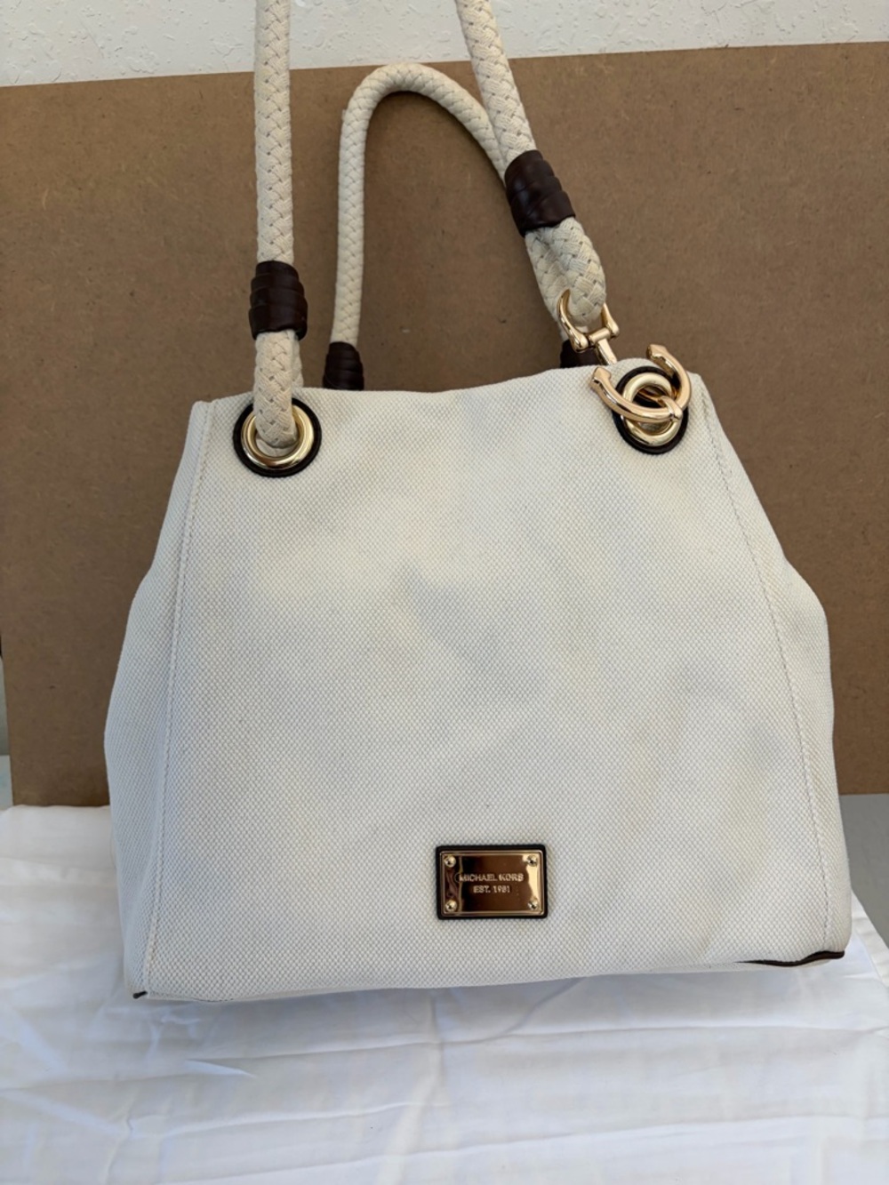 Michael Kors Cream Canvas Tote with Dark Brown Rope Handles